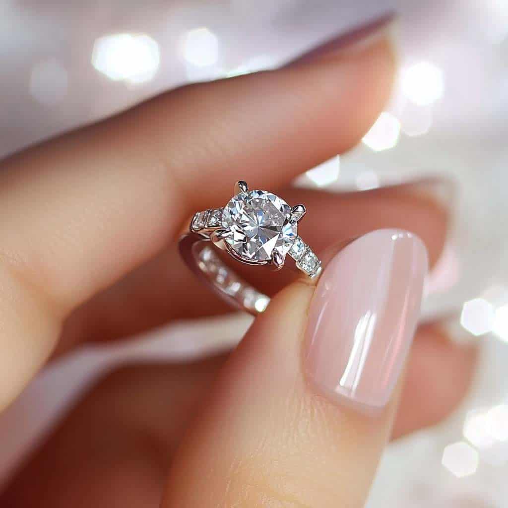 Diamond engagement ring with sparkling center stone and side accent diamonds on a delicate band, showcasing elegant jewelry design at Golden Rose Nail Studio.