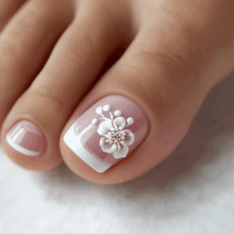 Elegant floral nail art with 3D white flower design on a natural pink and white French manicure at Golden Rose Nail Studio. Perfect for sophisticated and stylish nail beauty.