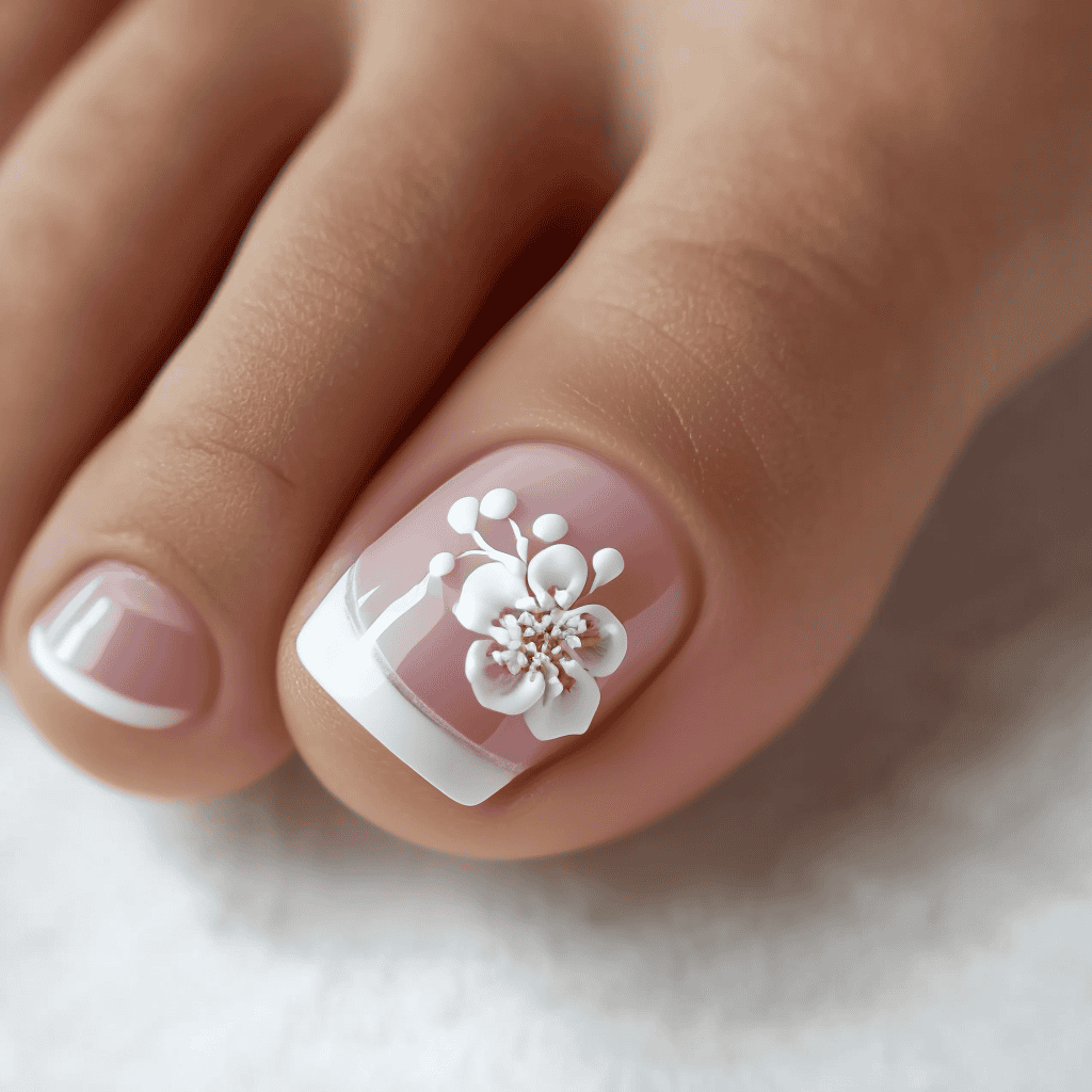 Elegant floral nail art with 3D white flower design on a natural pink and white French manicure at Golden Rose Nail Studio. Perfect for sophisticated and stylish nail beauty.
